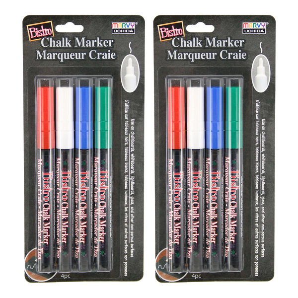 Marvy Uchida Bistro Chalk Markers, Fine Tip, 4 Colors Per Set, PK2 482_4E